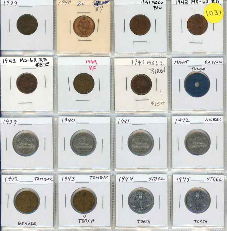 Set of 16 Canadian World War II Cents and Nickels. Includes both Tombacs and Steel 5 Cents, plus a M
