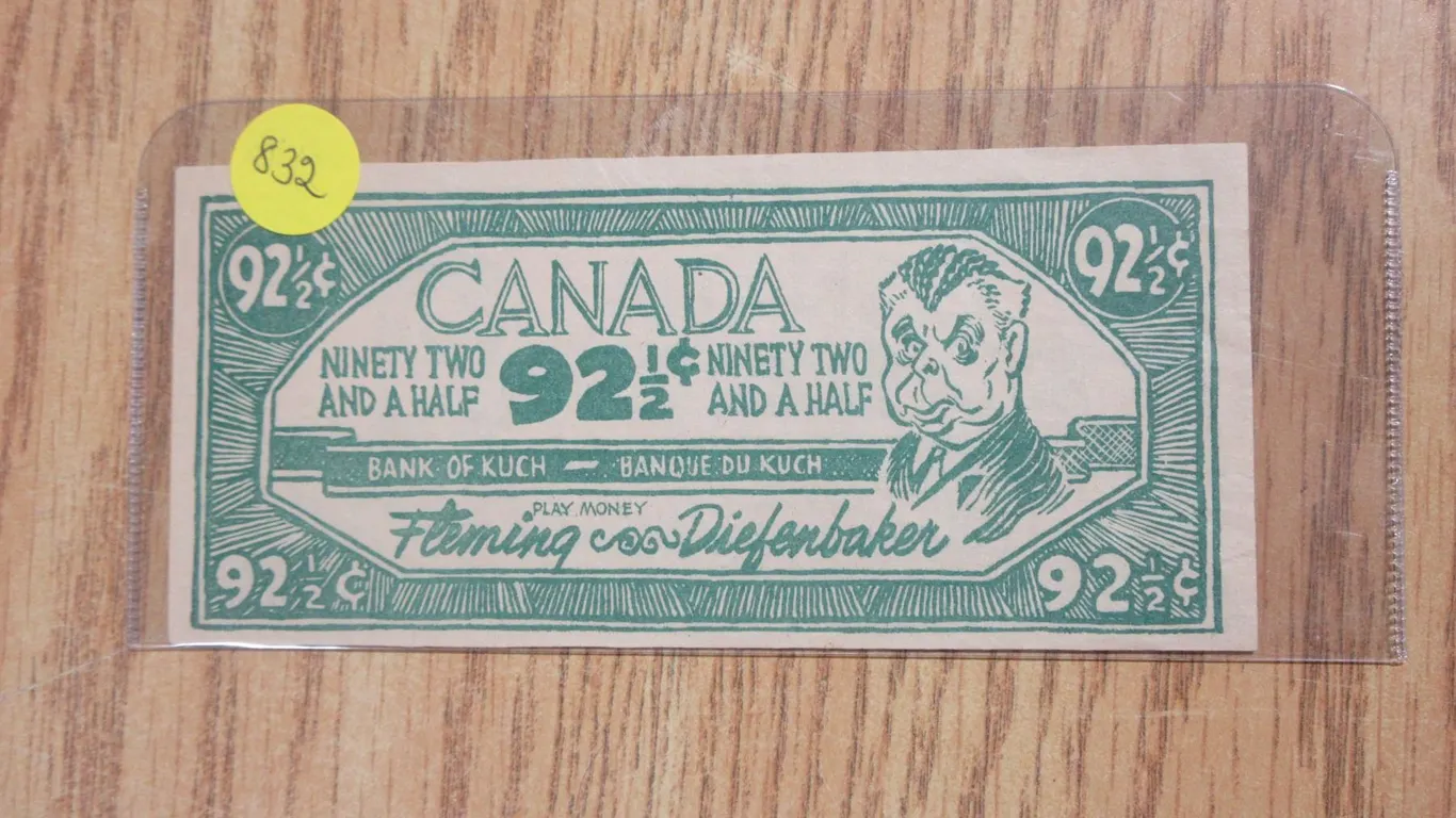 John Diefenbaker Political Satire note worth 92 ½ Cents. Uncirculated.