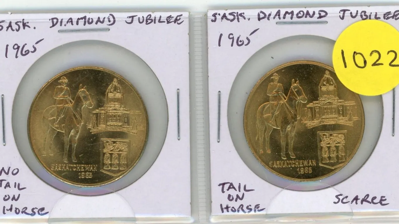 Complete set of 2 1905 – 1965 Saskatchewan Diamond Jubilee medals. Includes No Tail on Hors