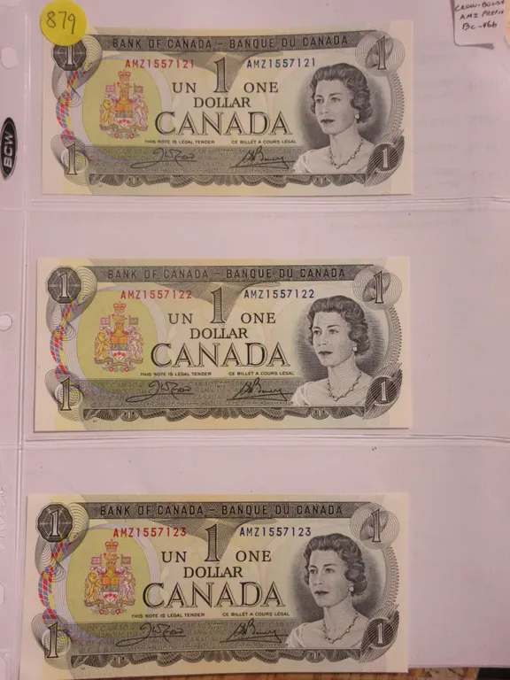 Bank of Canada. Set of 3 1973 $1 notes with Consecutive Serial Numbers. Crow-Bouey signatures. AMZ P