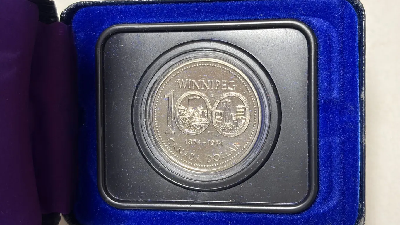 1874 – 1974 Winnipeg Centennial Nickel Dollar. Specimen. Housed in its original case.