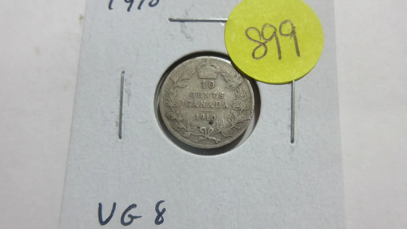 1910 Canadian Silver 10 Cents. The last issue of King Edward VII. VG8.