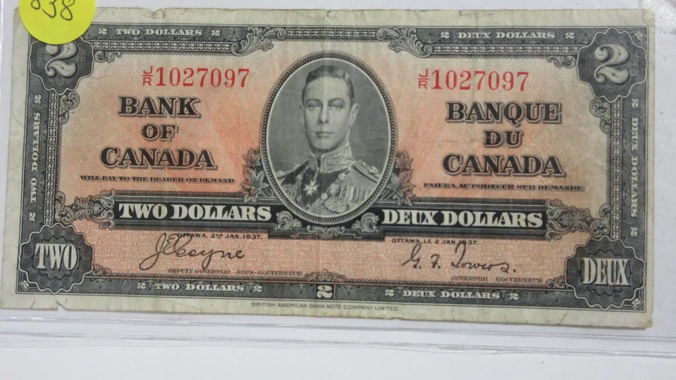 1937 $2. Coyne-Towers signatures. J/R Prefix. BC-22c. Fine-12.