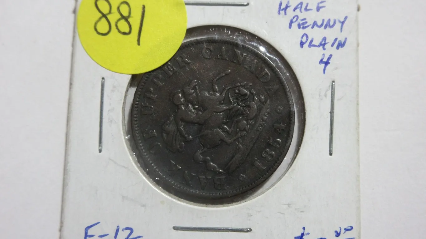 Province of Canada. 1854 Half Penny Token. Plain 4 variety. PC-5C1. Fine-12.