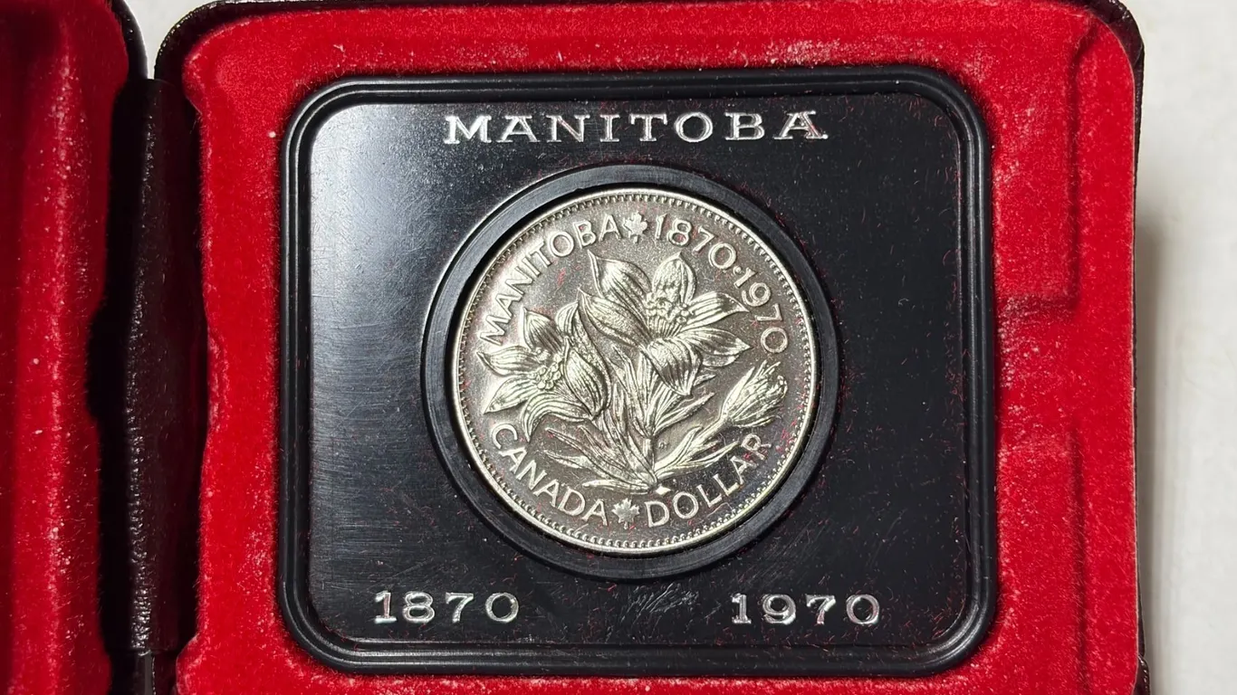 1870 – 1970 Manitoba Centennial Nickel Dollar. Specimen. Housed in its original case.