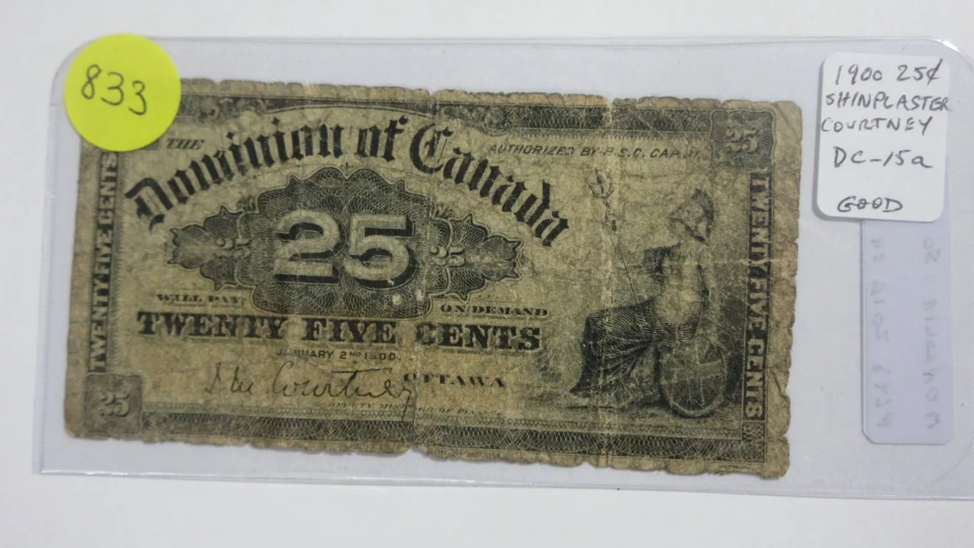 1900 25 Cents Shinplaster. Courtney signature. DC-15a. The first 1900 signature. Good.