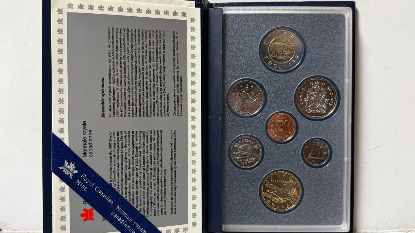 1997 Canadian Specimen set. The Flying Loonie is special with dual dates 1987 and 1997 and only avai