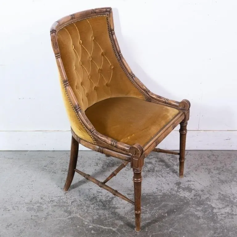 VELVET TUFTED BACK FAUX BAMBOO ARMCHAIR