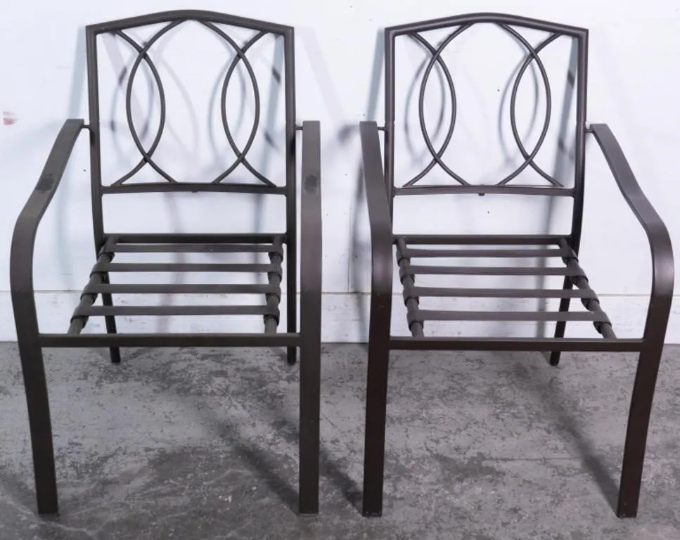 2 DARK BROWN METAL FRAME PATIO ARMCHIRS NO CUSHION