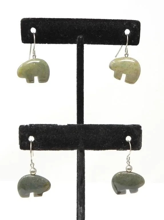 CARVED GREEN STONE EARRINGS W/ SILVER HOOKS 9g