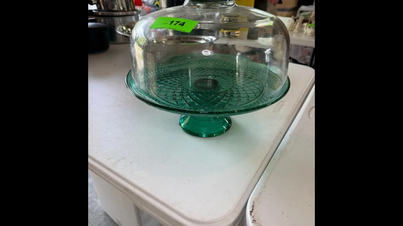 Green Embossed Glass Cake Stand with Dome Lid