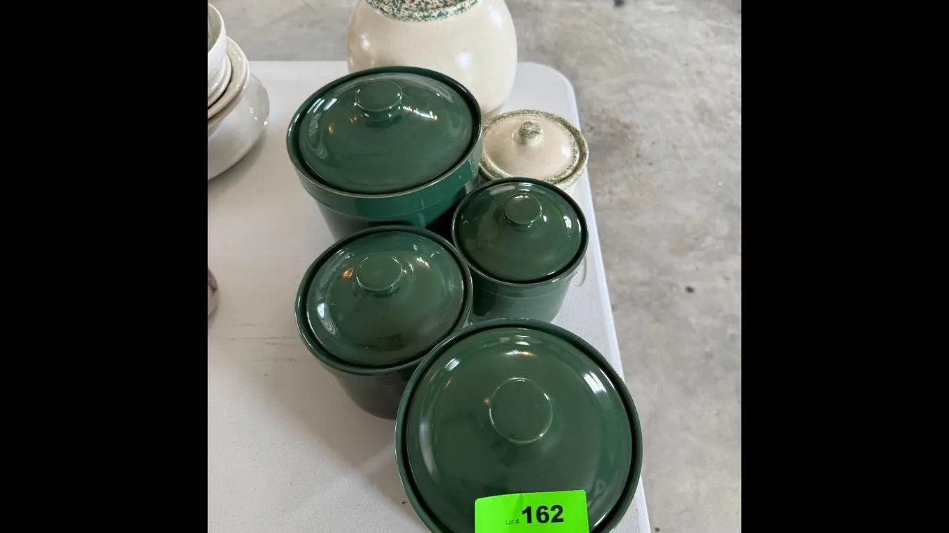 Cream Green Stoneware Crocks Ceramic Pots Set