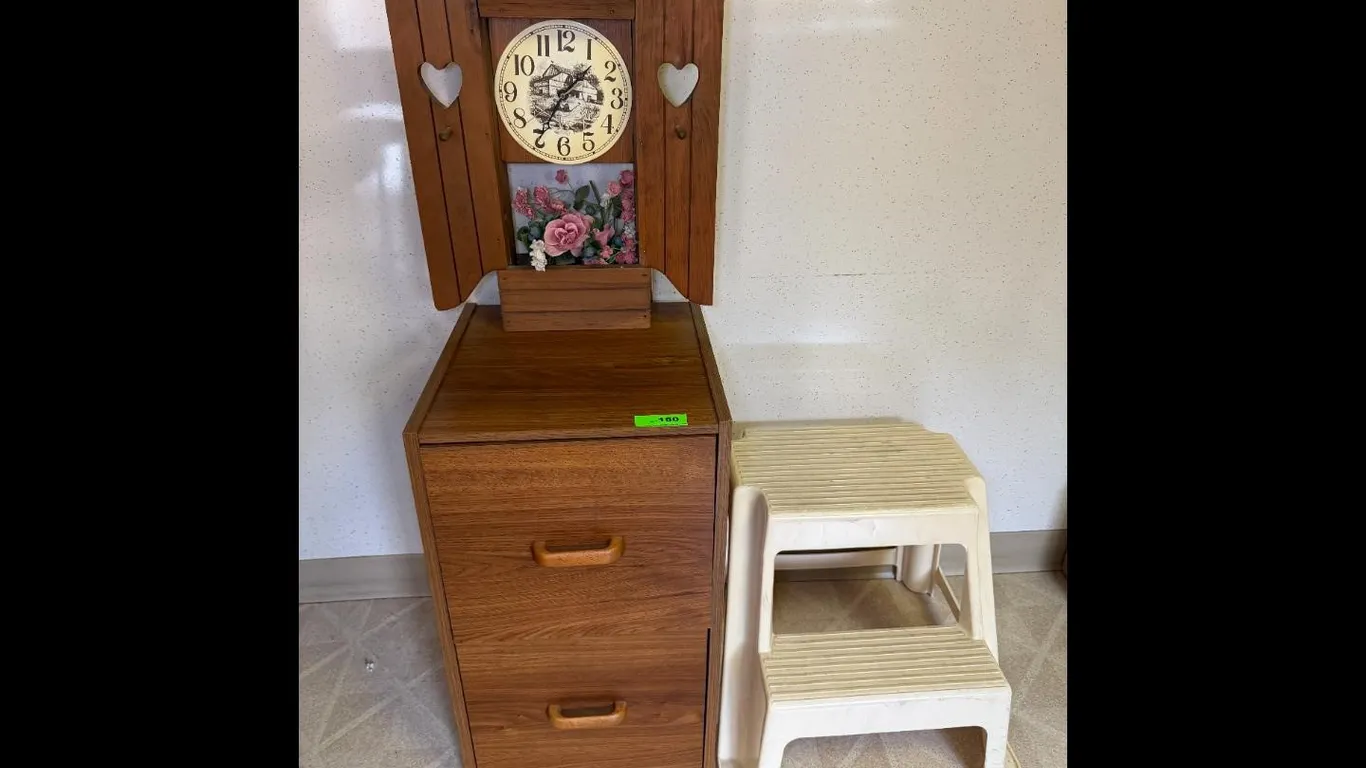 Vintage Wood Wall Clock Cabinet w Stool