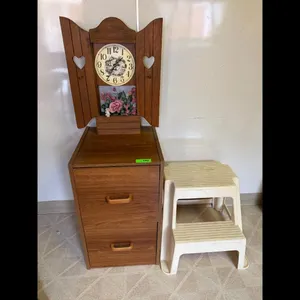 Vintage Wood Wall Clock Cabinet w Stool