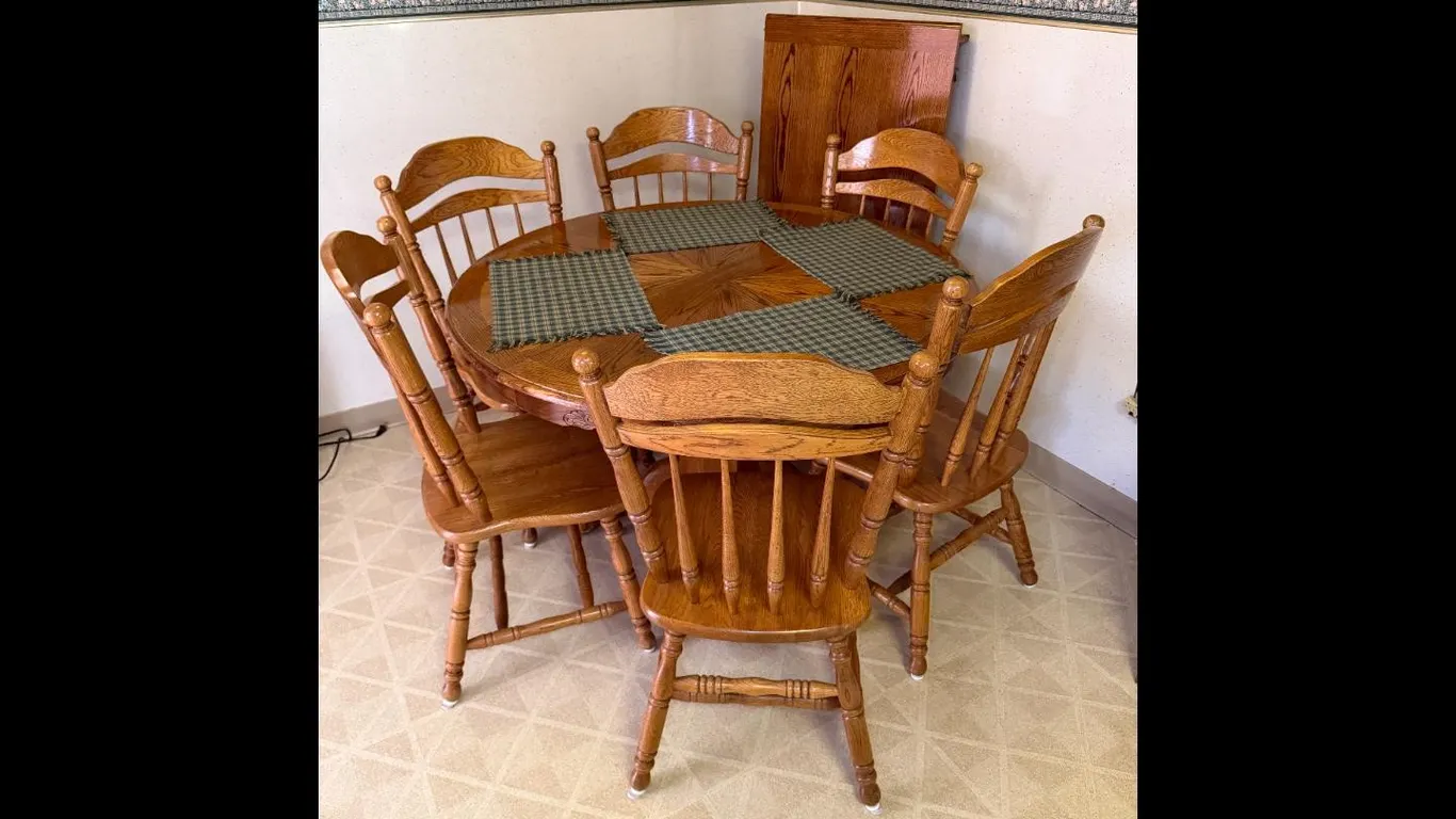 Oak Dining Set Round Table w Leaf 6 Chairs