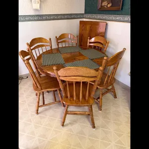 Oak Dining Set Round Table w Leaf 6 Chairs