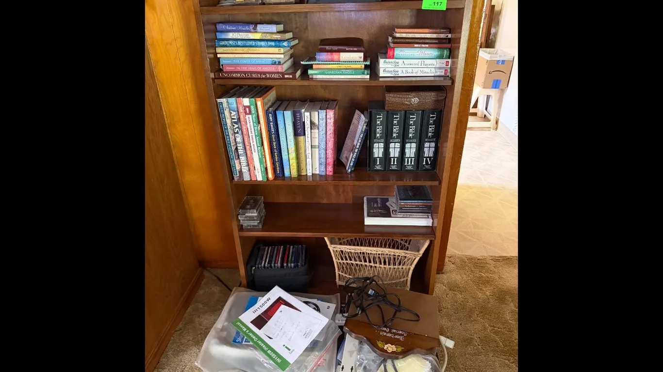 Home Goods Brown Bookshelf with Books CDs
