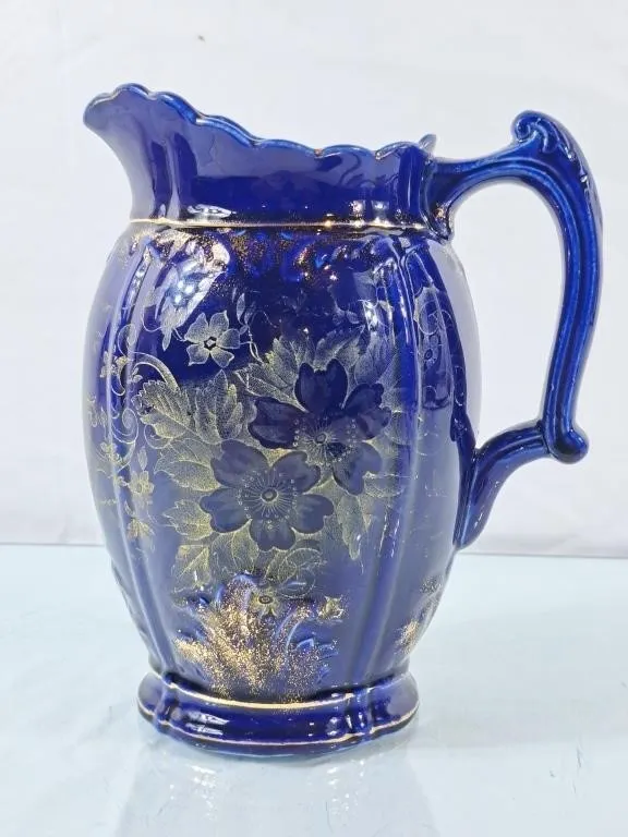 Beautiful Cobalt Pitcher w/Gold Floral Design