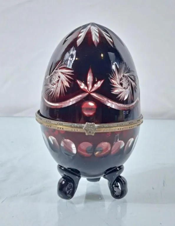Ruby Red Cut to Clear Crystal Egg Shaped Trinket