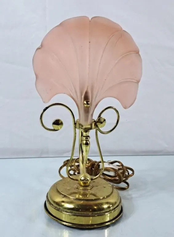 Frosted Pink Glass Clam Shell Light w/Brass Base