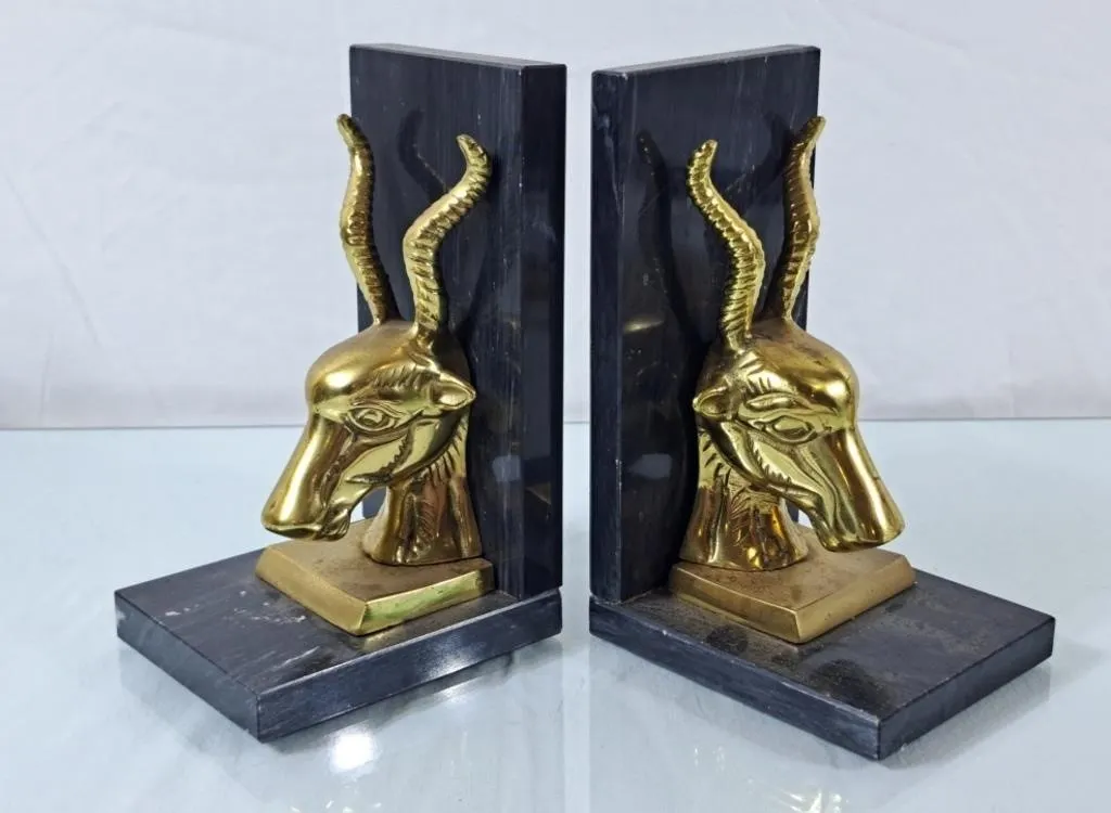 Heavy Marble & Brass Antelope Bookends