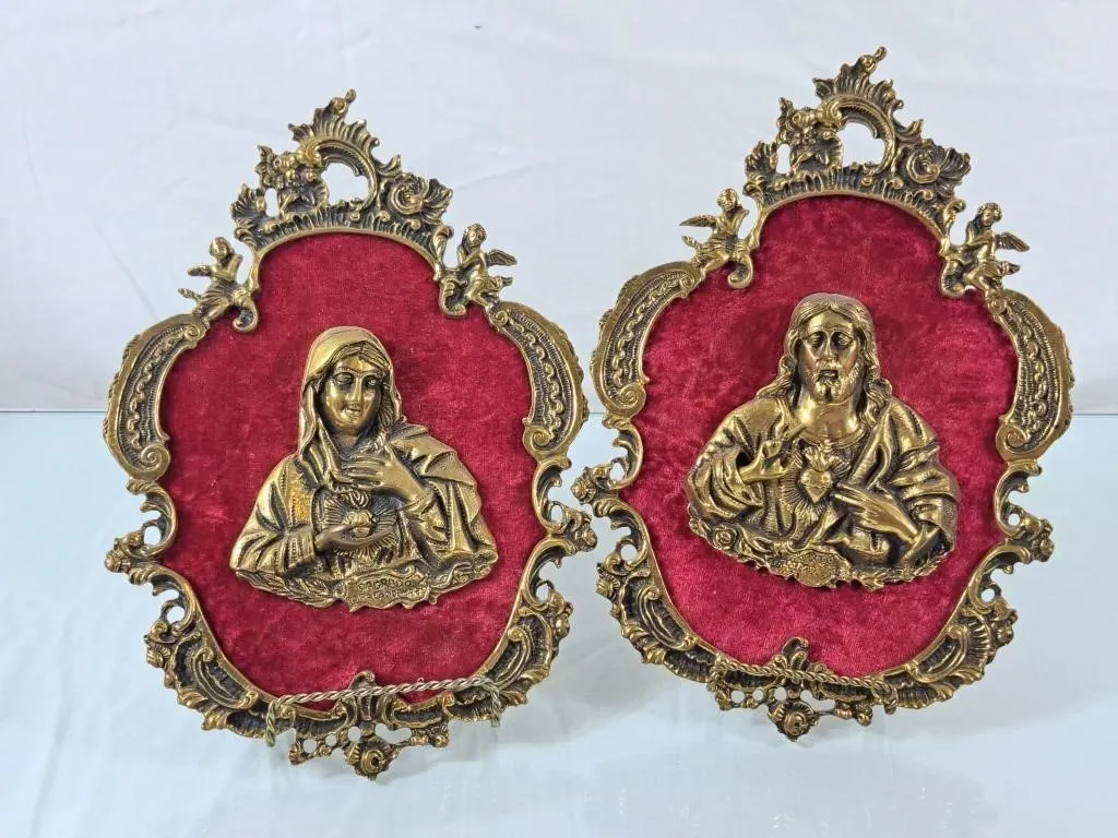 Vintage Brass & Velvet Jesus & Mary Wall Plaques