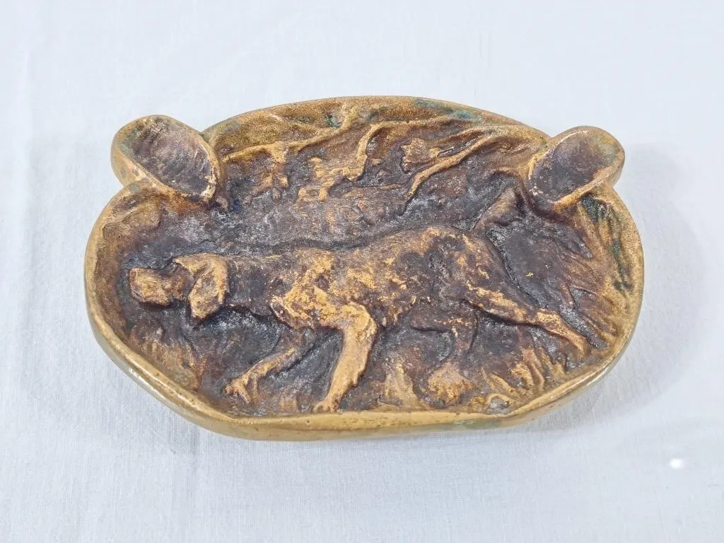 Vintage Brass Ashtray w/Hunting Hound Scene