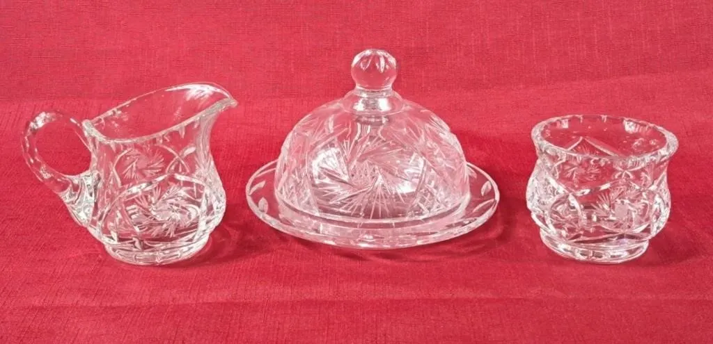 Lovely Cut Crystal Covered Dish & Cream & Sugar
