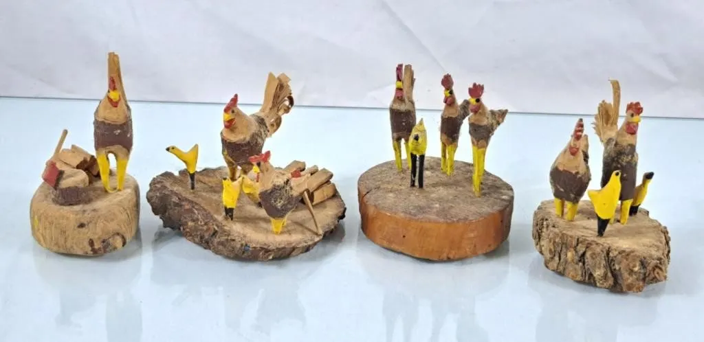 Vintage Folk Art Handcarved Chickens & Roosters