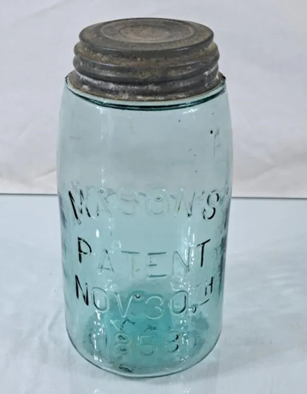 Vintage Mason's Blue Glass Canning Jar - Embossed