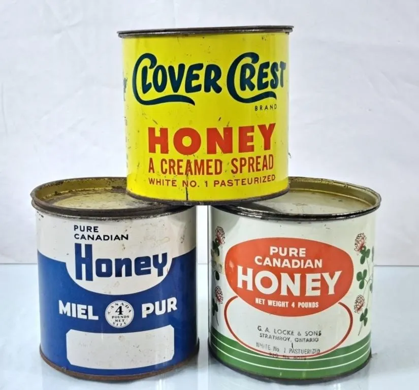 Trio of Vintage 4lb Honey Tins - Clover Crest &