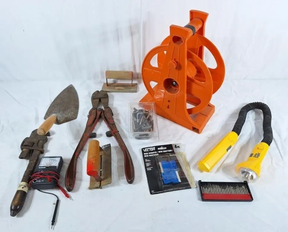Bolt cutters, pipe wrench, grip light, hose reel,