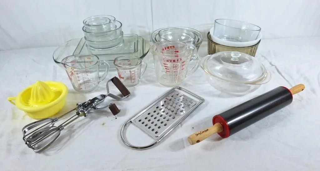 Various casserole dishes, measuring cups, rolling