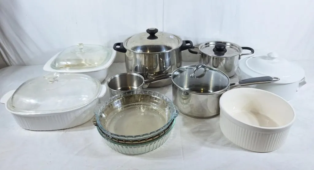 Various pots, casserole dishes, pie plates, etc