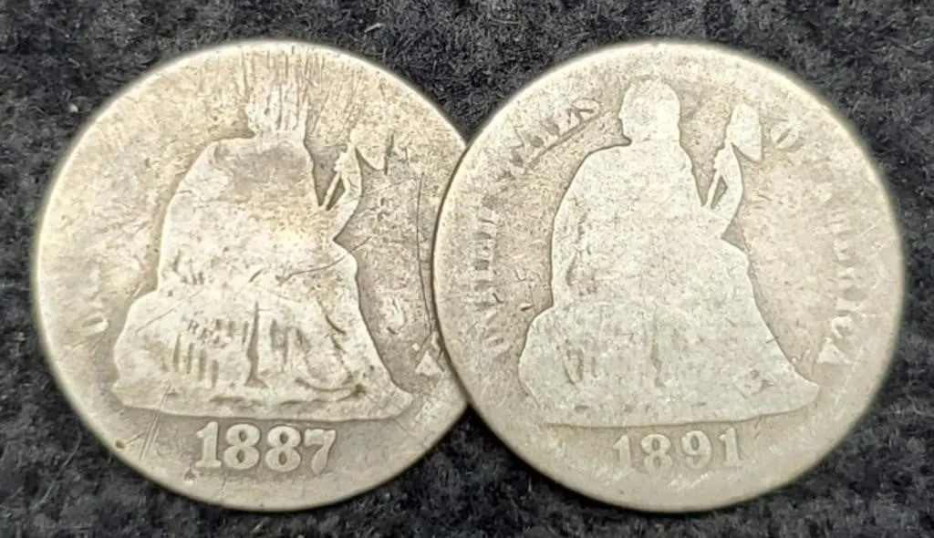 (2) Liberty Seated Dimes 1887-S, 1891