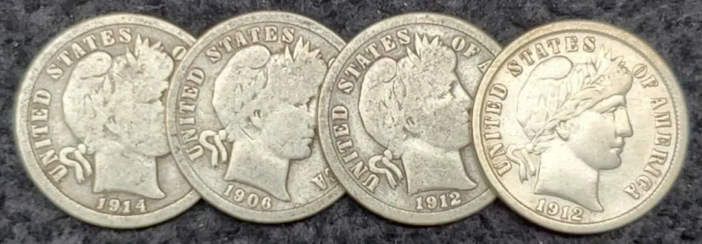 (4) Barber Dimes 1906-D, 12-P&D, 14-D