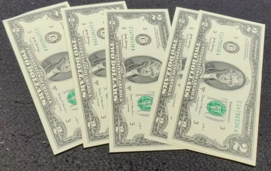 (5) 2017A $2 FR notes Unc/Consecutive #