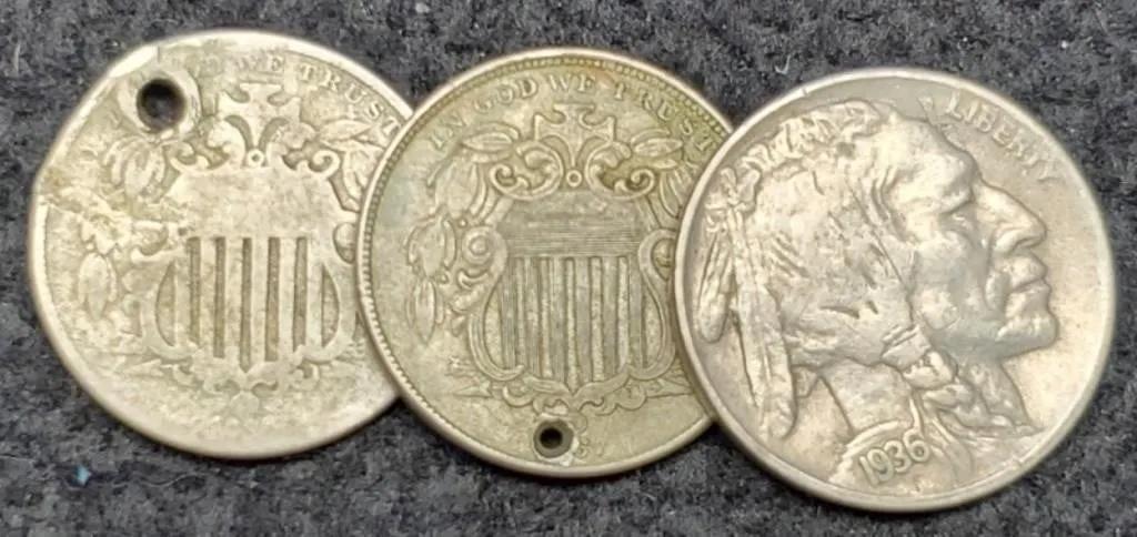 (3) Nickels 2 Shield Holed, 1936-D Buffalo