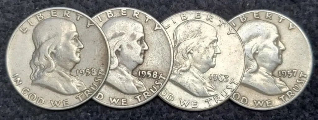 (4) F. Half Dollars: 1957-D, 2-58-D, 63