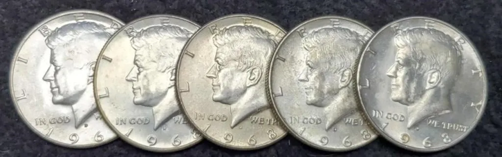 (5) 40% Silver K. Half Dollars