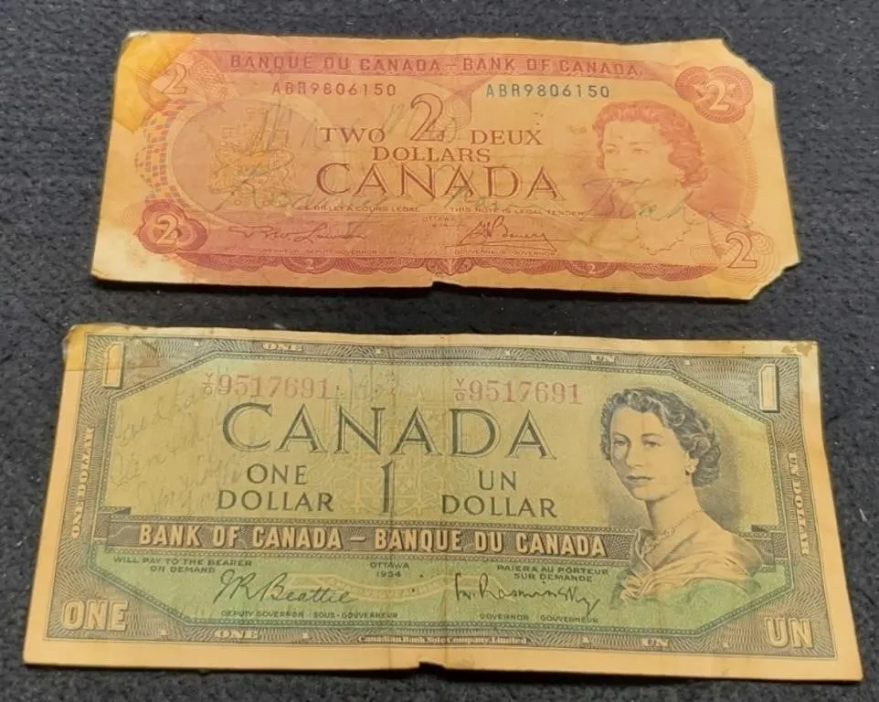 (2) Canada Banknotes: 1954 $1, 1974 $2