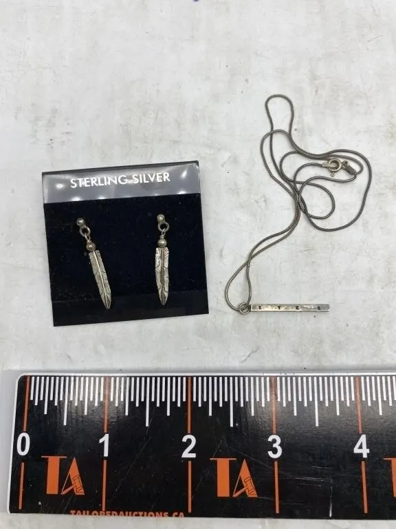 Sterling silver feather earrings & bar necklace