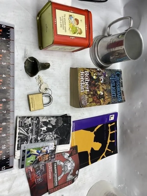 Vintage tins, mug, books, comics & collectibles