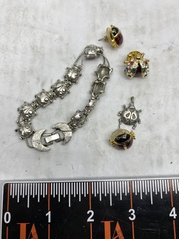 1950s Ladybug Jewelry: Earrings, Pin, Bracelet