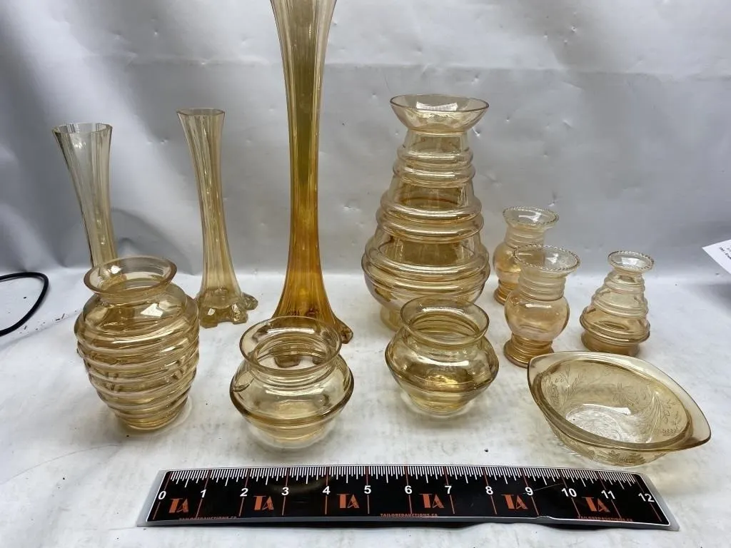 Amber Marigold Carnival Glass Vases & Bowl Set
