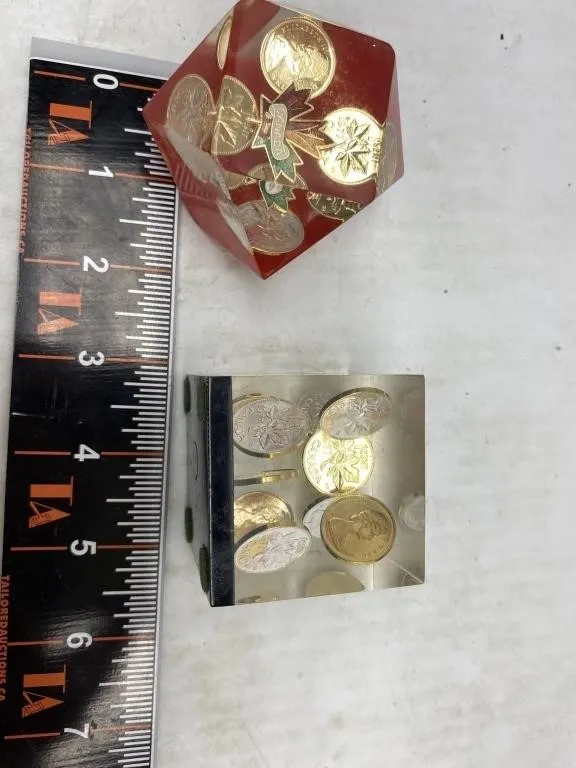 Canadian Coin Lucite Paperweight Cubes, 2pc