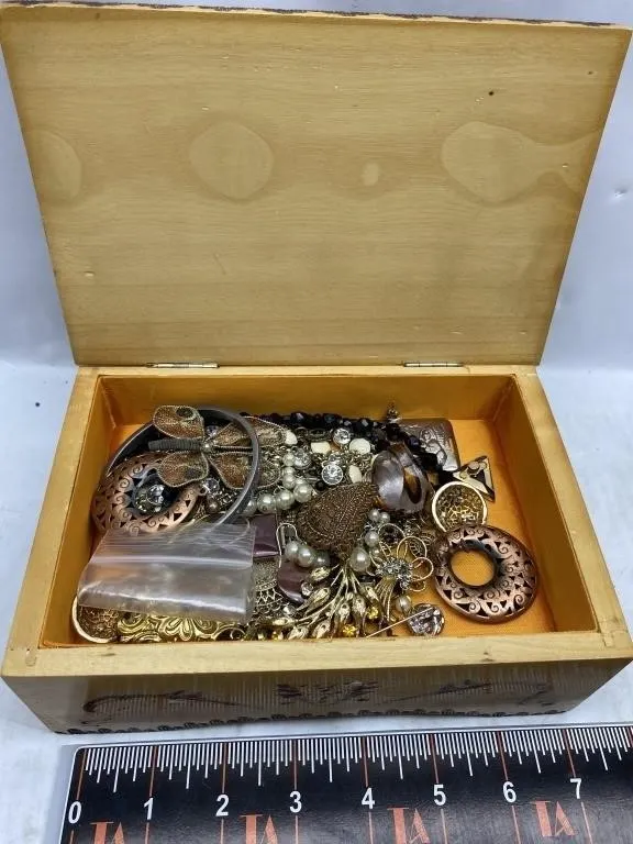 Wooden box of costume jewelry & findings