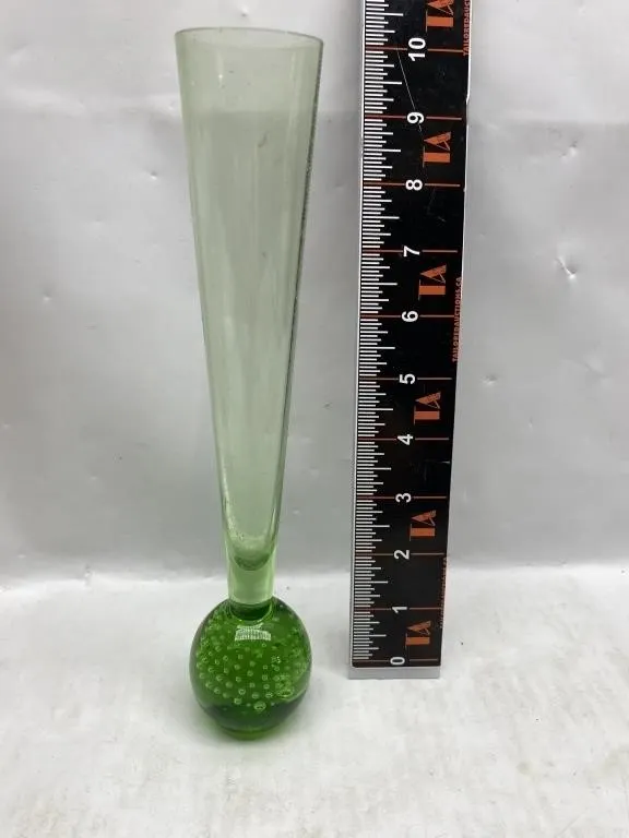 Green Art Glass Bud Vase with Hobnail Bubble Base
