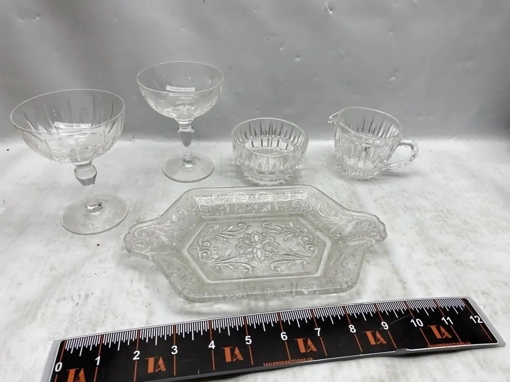 Cut Crystal Glassware Set: Coupes, Bowl, Creamer,