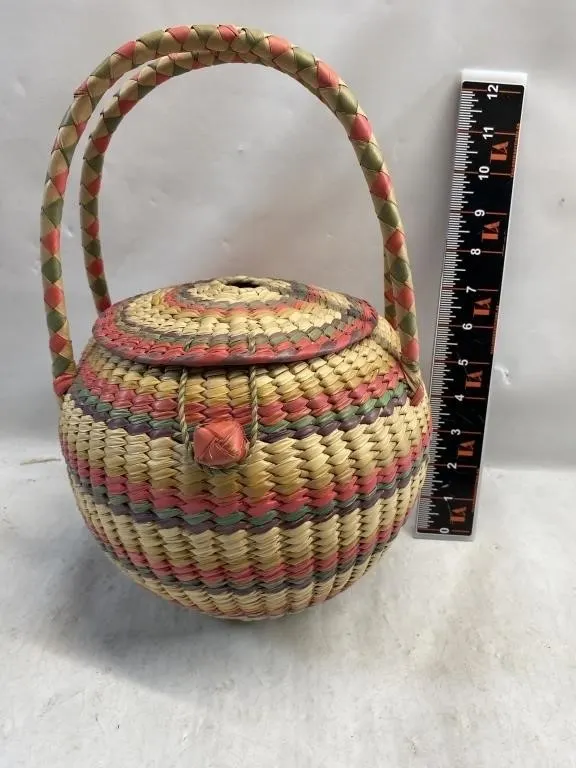 Woven Straw Lidded Basket with Braided Handles